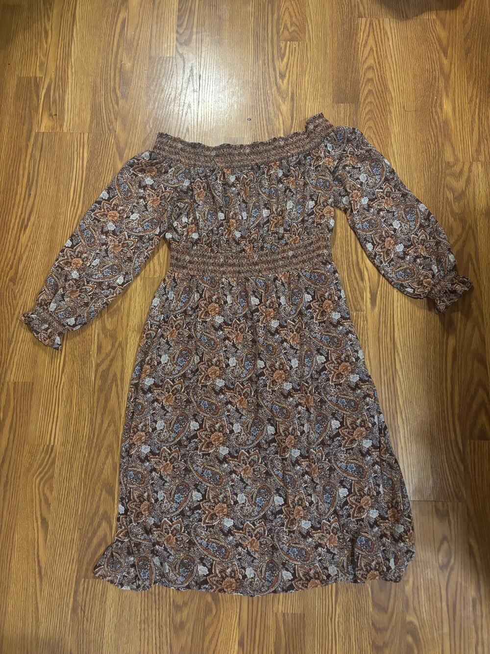 Vintage Forever 21 Brown Floral Fall Boho Indie Off-The Shoulder Midi Dress